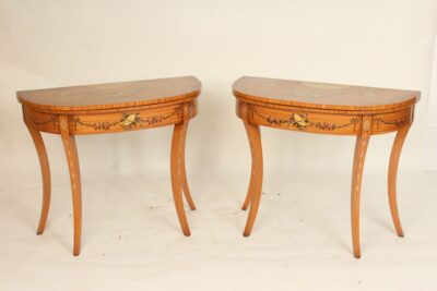 Pair of English Edwardian style painted satinwood games tables