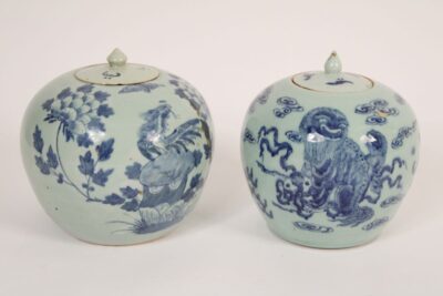Pair of Chinese blue and white covered jars