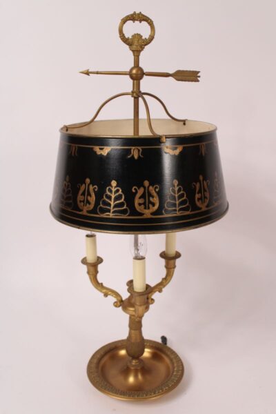 Louis XVI Style Gilt Bronze Bouillotte Lamp With Decorated Tole Shade