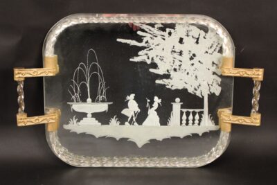 Venetian Etched Glass Tray With Gilt Metal Handles