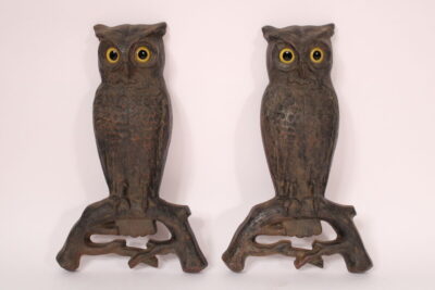 Pair of 19th Century Owl Form Andirons with Glass Eyes