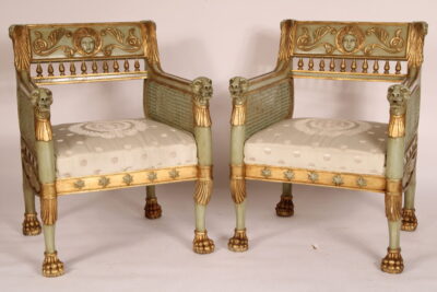 Pair of Empire Style Painted and Gilt Decorated Armchairs