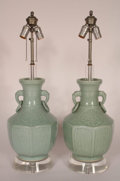 Pair of Chinese Style Celadon Lamps on Lucite Bases
