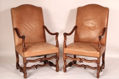 Pair of Leather Upholstered Louis XIV Style Walnut Armchairs