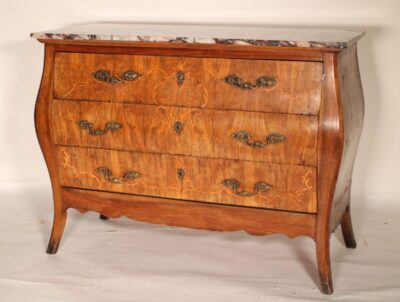 Italian Louis XV Style Burl Walnut Bombe Chest of Drawers With Marble Top